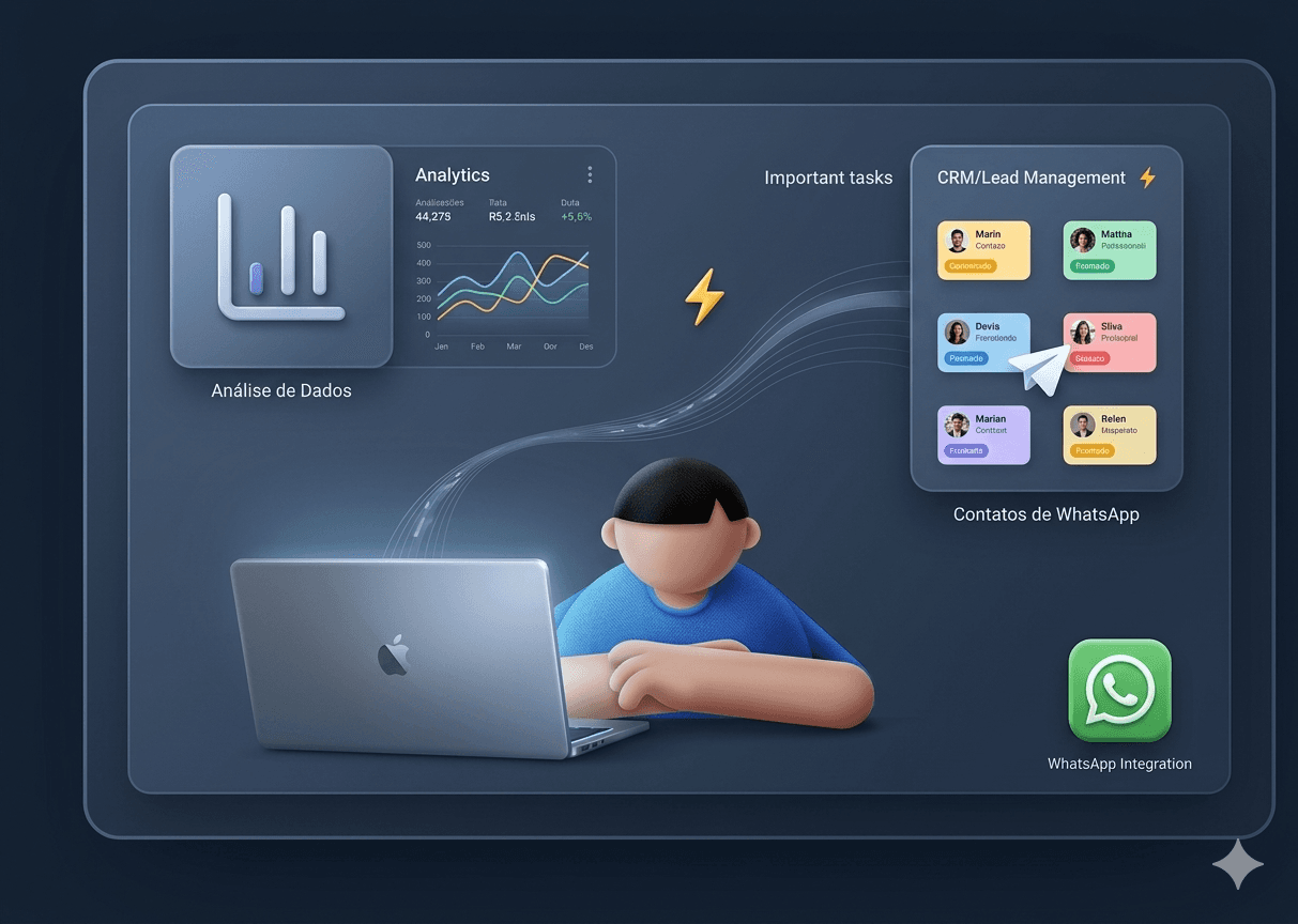 Painel visual de integracao WhatsApp, analytics e contatos